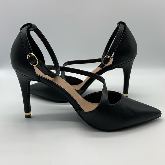 Kelly & Katie Pointed Toe Black Strappy Black Pumps With Gold Trim Heel Sz 10M - Picture 6 of 12